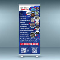 Retractable banner for trade show with product images and contact information